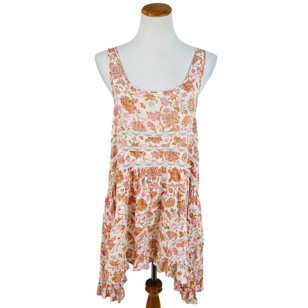 Free People White Orange Floral Voile & Lace Mini Dress | Coastal Cowgirl Boho M - Picture 2 of 16